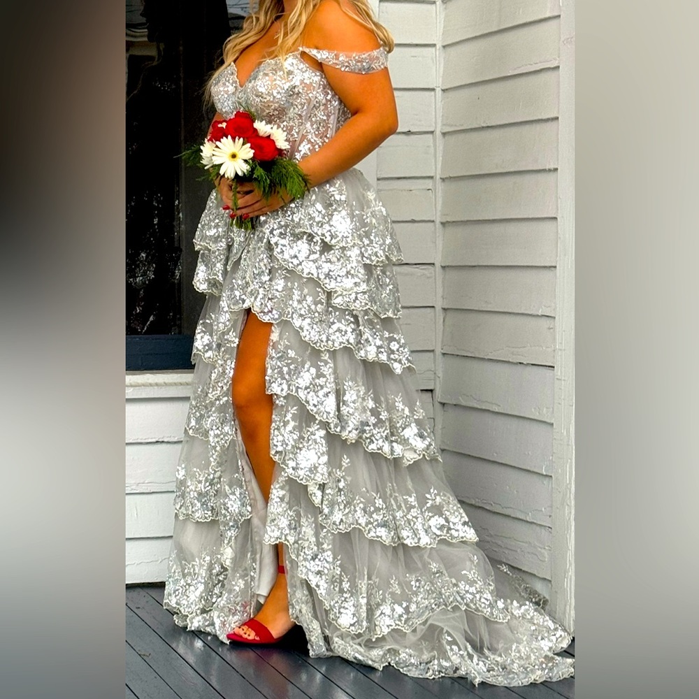 Sherri Hill Formal Silver Ruffle Full Length Dress